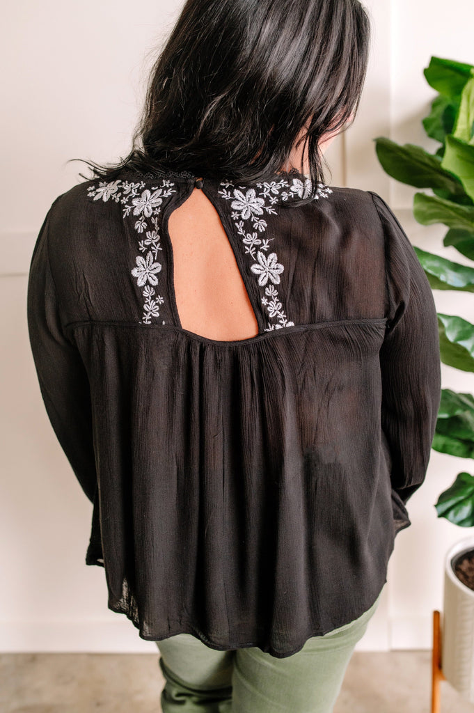 Savanna Jane Black Blouse With Floral Embroidery-Timber Brooke Boutique, Online Women's Fashion Boutique in Amarillo, Texas
