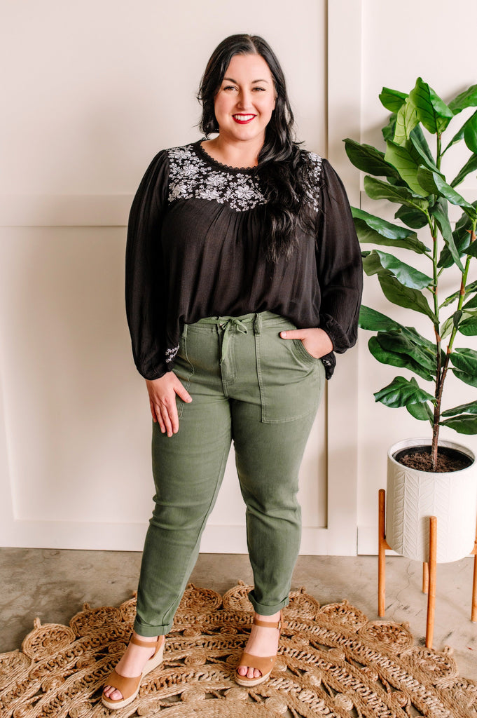 Savanna Jane Black Blouse With Floral Embroidery-Timber Brooke Boutique, Online Women's Fashion Boutique in Amarillo, Texas