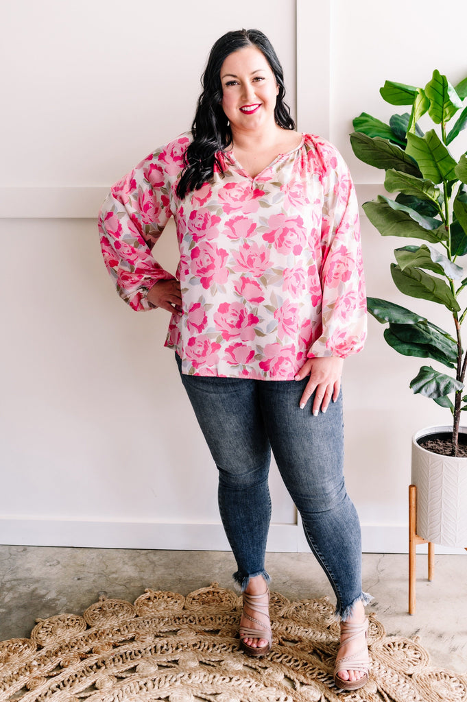 Silky V Neck Blouse In Champagne Pink Florals-Timber Brooke Boutique, Online Women's Fashion Boutique in Amarillo, Texas