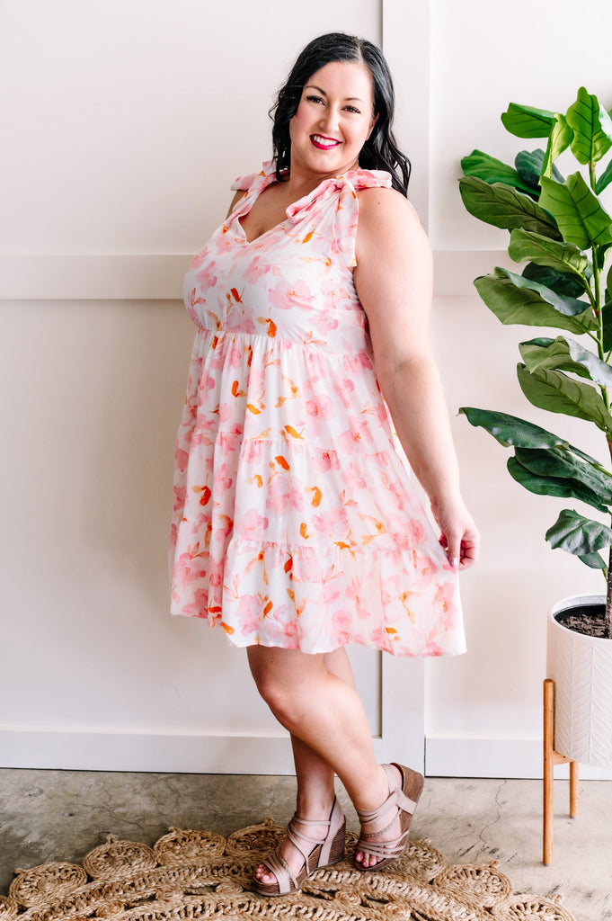 Tie Shoulder Dress In Soft Ivory & Pink Florals-Timber Brooke Boutique, Online Women's Fashion Boutique in Amarillo, Texas