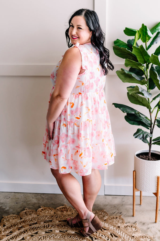 Tie Shoulder Dress In Soft Ivory & Pink Florals-Timber Brooke Boutique, Online Women's Fashion Boutique in Amarillo, Texas