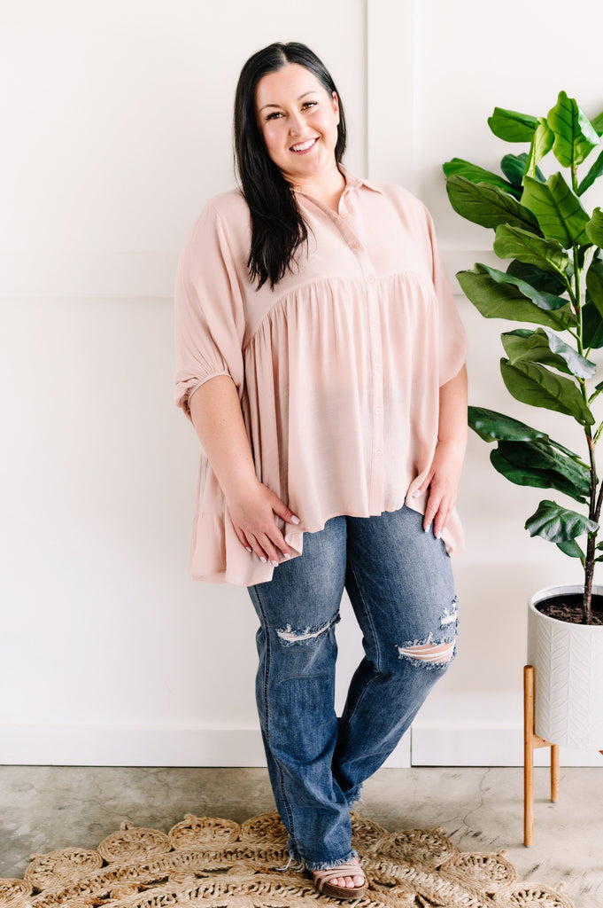 Tiered Bohemian Button Down Blouse In Soft Blush-Short Sleeve Top-Timber Brooke Boutique, Online Women's Fashion Boutique in Amarillo, Texas