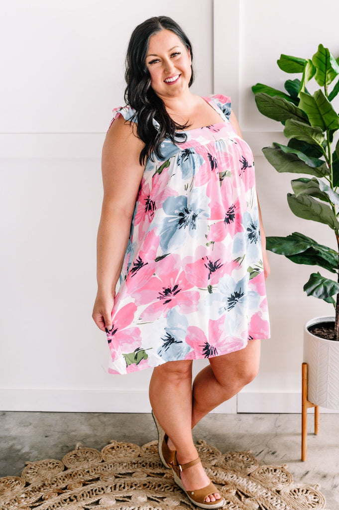 Emily Wonder Flutter Sleeve Dress In Pink & Blue Florals-Timber Brooke Boutique, Online Women's Fashion Boutique in Amarillo, Texas