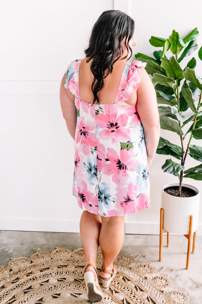 Emily Wonder Flutter Sleeve Dress In Pink & Blue Florals-Timber Brooke Boutique, Online Women's Fashion Boutique in Amarillo, Texas