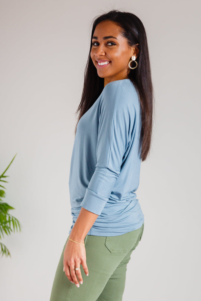 Daytime Boat Neck Top in Blue Gray-Womens-Timber Brooke Boutique, Online Women's Fashion Boutique in Amarillo, Texas