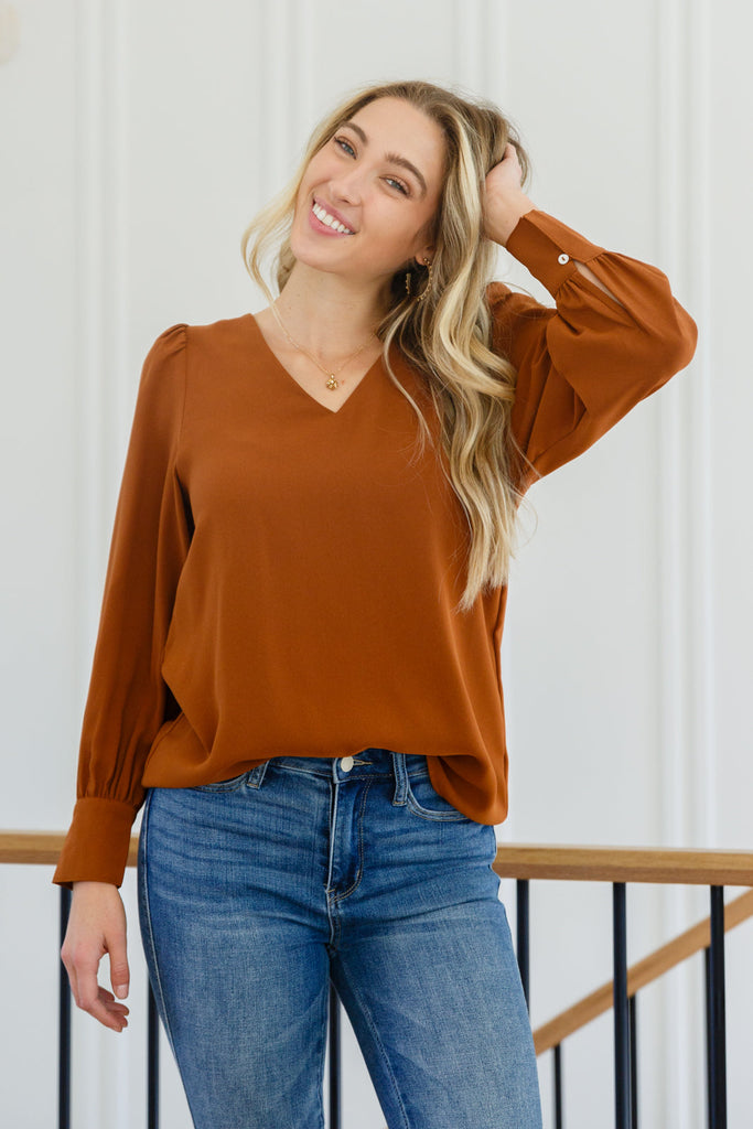 Enjoy This Moment V Neck Blouse In Toffee-Womens-Timber Brooke Boutique, Online Women's Fashion Boutique in Amarillo, Texas