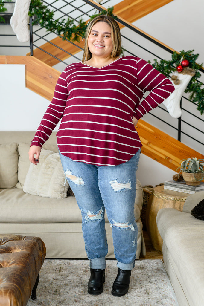 Erika Striped V-Neck Long Sleeve Top in Burgundy-Womens-Timber Brooke Boutique, Online Women's Fashion Boutique in Amarillo, Texas