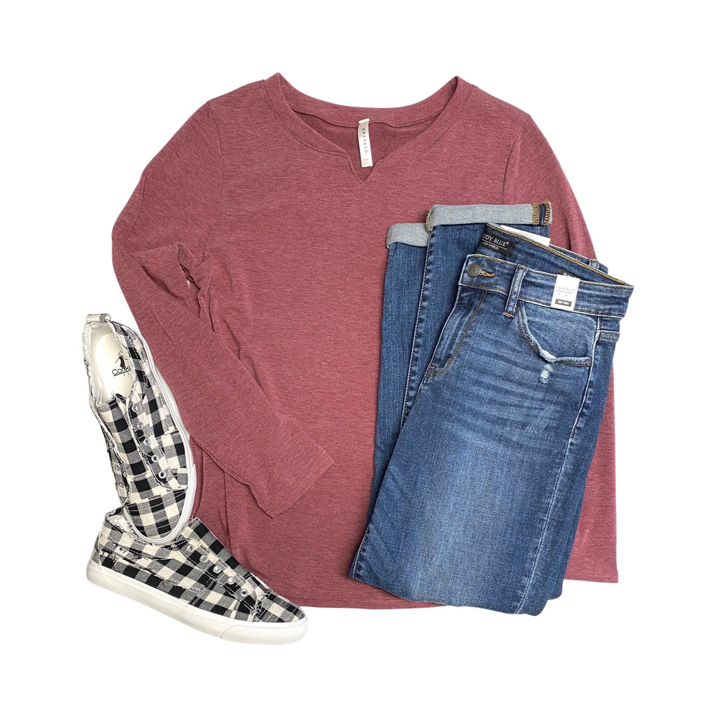 Cool Nights Burgundy Top-Emerald-Timber Brooke Boutique, Online Women's Fashion Boutique in Amarillo, Texas