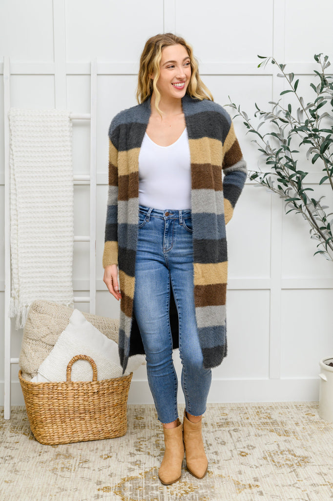 Doorbuster: Fuzzy Longline Cardigan In Blue & Cocoa-Womens-Timber Brooke Boutique, Online Women's Fashion Boutique in Amarillo, Texas