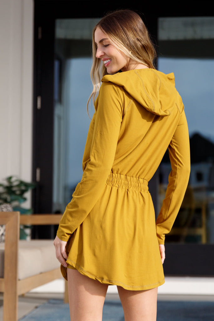 Getting Out Long Sleeve Hoodie Romper Gold Spice-Athleisure-Timber Brooke Boutique, Online Women's Fashion Boutique in Amarillo, Texas