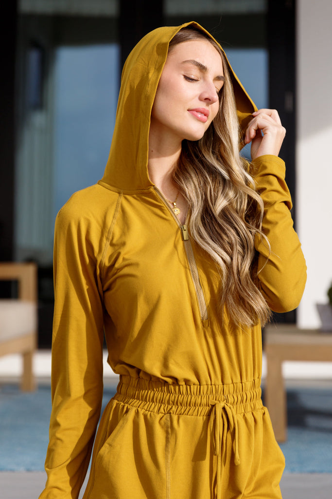 Getting Out Long Sleeve Hoodie Romper Gold Spice-Athleisure-Timber Brooke Boutique, Online Women's Fashion Boutique in Amarillo, Texas