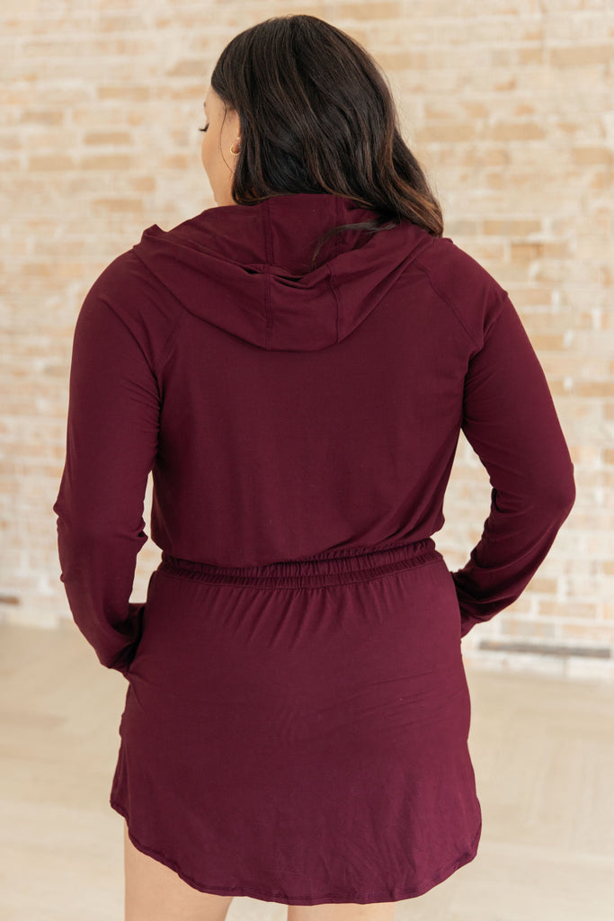 Getting Out Long Sleeve Hoodie Romper in Maroon-Athleisure-Timber Brooke Boutique, Online Women's Fashion Boutique in Amarillo, Texas