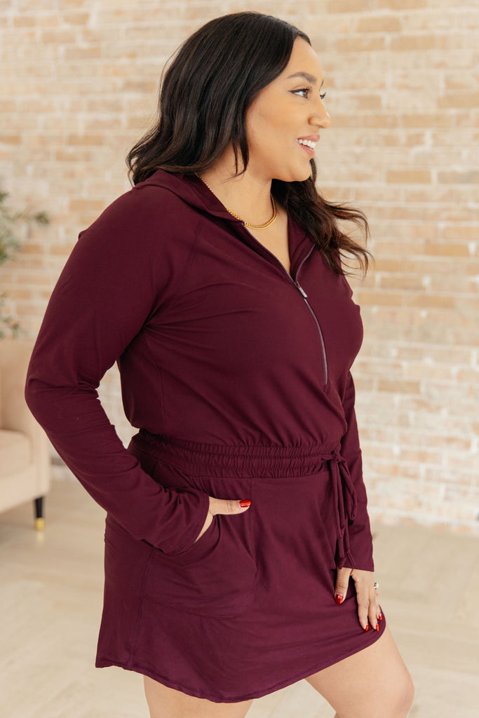 Getting Out Long Sleeve Hoodie Romper in Maroon-Athleisure-Timber Brooke Boutique, Online Women's Fashion Boutique in Amarillo, Texas