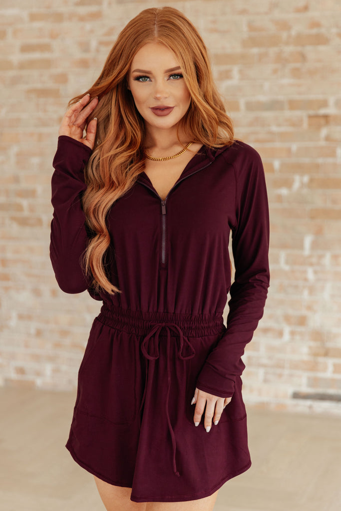 Getting Out Long Sleeve Hoodie Romper in Maroon-Athleisure-Timber Brooke Boutique, Online Women's Fashion Boutique in Amarillo, Texas