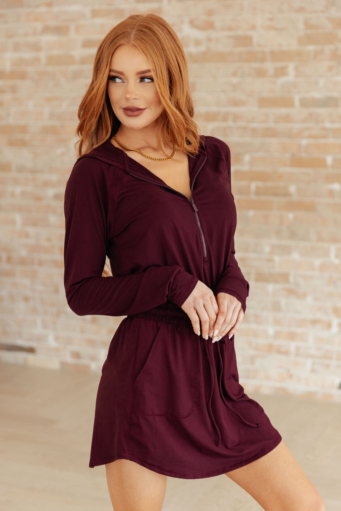 Getting Out Long Sleeve Hoodie Romper in Maroon-Athleisure-Timber Brooke Boutique, Online Women's Fashion Boutique in Amarillo, Texas