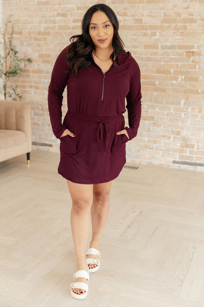 Getting Out Long Sleeve Hoodie Romper in Maroon-Athleisure-Timber Brooke Boutique, Online Women's Fashion Boutique in Amarillo, Texas