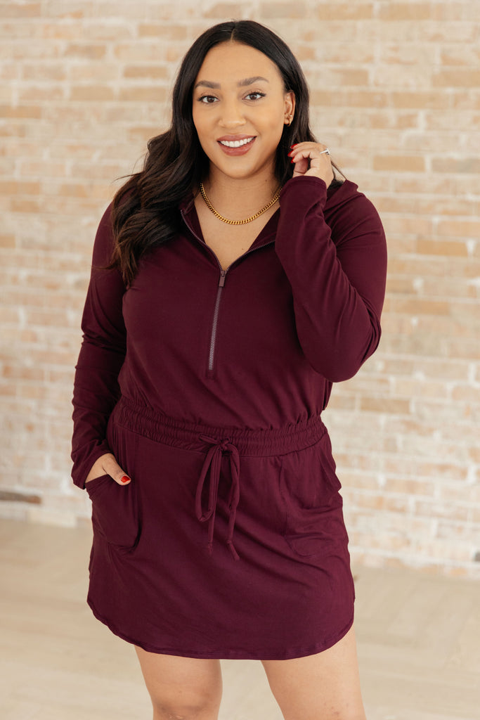 Getting Out Long Sleeve Hoodie Romper in Maroon-Athleisure-Timber Brooke Boutique, Online Women's Fashion Boutique in Amarillo, Texas