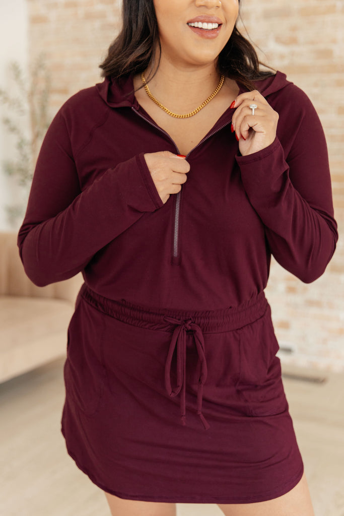 Getting Out Long Sleeve Hoodie Romper in Maroon-Athleisure-Timber Brooke Boutique, Online Women's Fashion Boutique in Amarillo, Texas