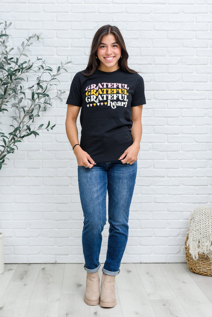 Grateful Heart Graphic T-Shirt In Black-110 Short Sleeve Tops-Timber Brooke Boutique, Online Women's Fashion Boutique in Amarillo, Texas