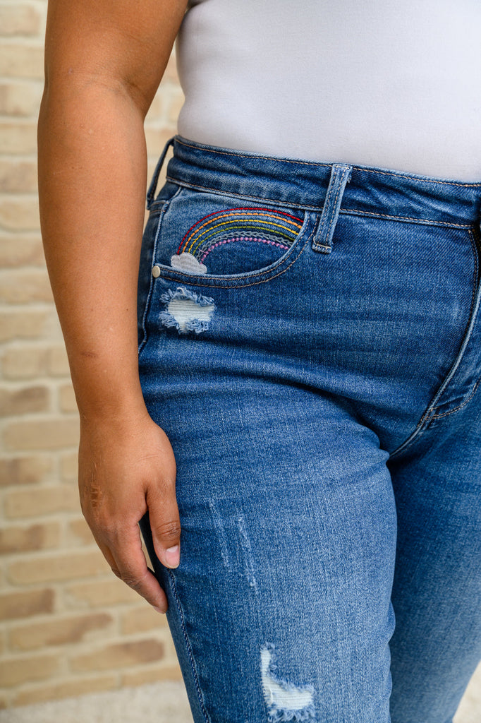 Hi-Rise Rainbow Embroidery Cropped Straight Leg Jeans-200 Pants-Timber Brooke Boutique, Online Women's Fashion Boutique in Amarillo, Texas