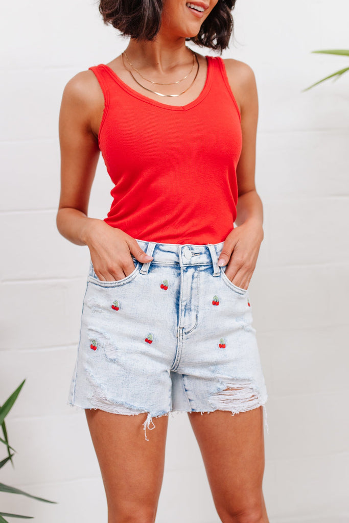 Hi-Waisted Cherry Acid Wash Cutoffs-Womens-Timber Brooke Boutique, Online Women's Fashion Boutique in Amarillo, Texas