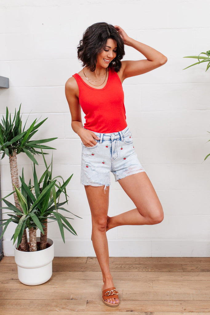 Hi-Waisted Cherry Acid Wash Cutoffs-Womens-Timber Brooke Boutique, Online Women's Fashion Boutique in Amarillo, Texas