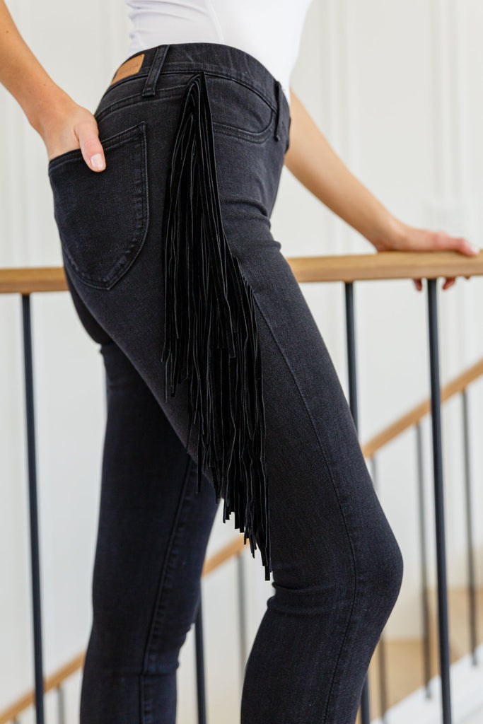 Hilary Side Fringe Skinny Jegging In Black-Womens-Timber Brooke Boutique, Online Women's Fashion Boutique in Amarillo, Texas
