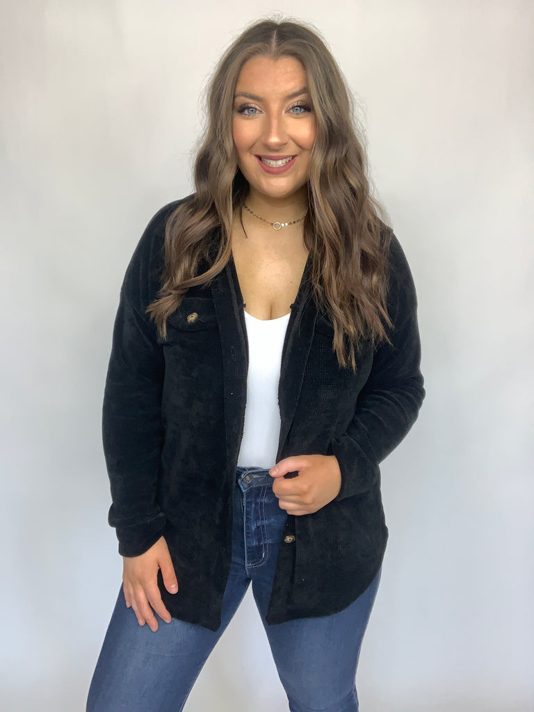 Warm-Hearted Chenille Shacket In Black-Coats and Jackets-Timber Brooke Boutique, Online Women's Fashion Boutique in Amarillo, Texas