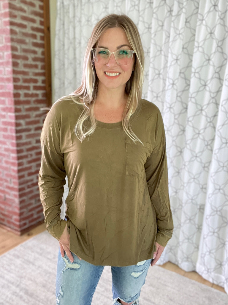 A Better Life Top in Olive-White Birch-Timber Brooke Boutique, Online Women's Fashion Boutique in Amarillo, Texas