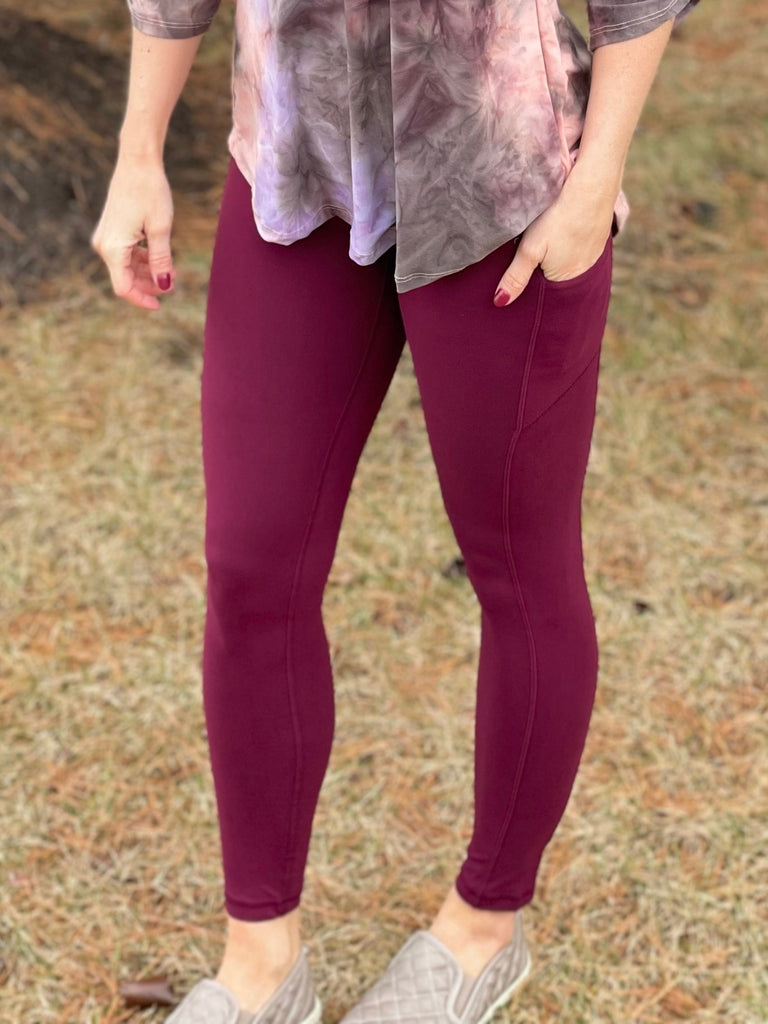 On The Go Leggings in Burgundy-Rae Mode-Timber Brooke Boutique, Online Women's Fashion Boutique in Amarillo, Texas