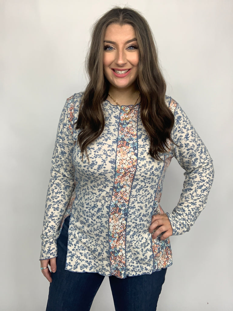 Floral Print Color Block Merrow Hem Slim Fit Top-Long Sleeve Tops-Timber Brooke Boutique, Online Women's Fashion Boutique in Amarillo, Texas
