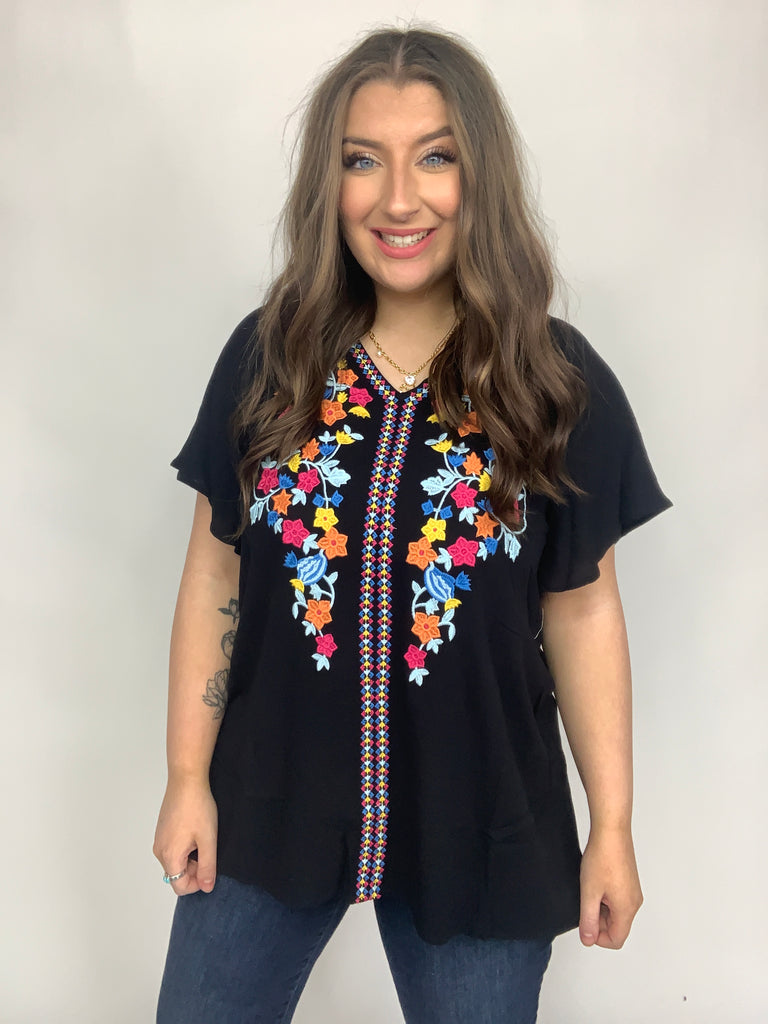 Black Floral Embroidered Flutter Sleeve Top-Short Sleeve Top-Timber Brooke Boutique, Online Women's Fashion Boutique in Amarillo, Texas