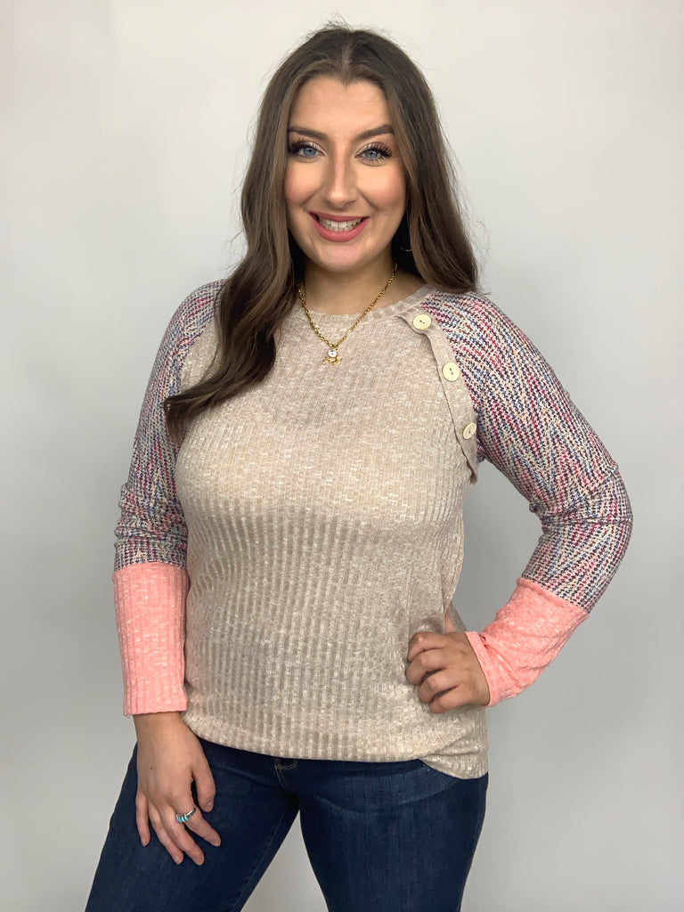 Taupe Two Tone Rib Chevron Button Raglan Top-Long Sleeve Tops-Timber Brooke Boutique, Online Women's Fashion Boutique in Amarillo, Texas