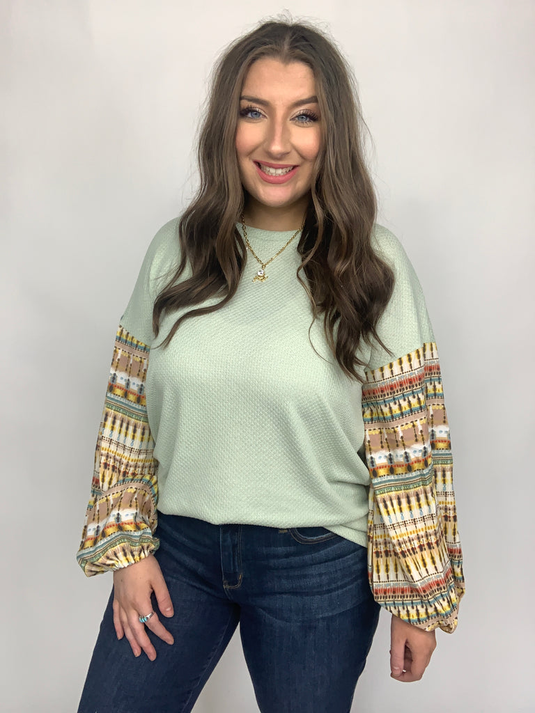 Sage Boho Print Challis Drop Sleeve Top-Long Sleeve Tops-Timber Brooke Boutique, Online Women's Fashion Boutique in Amarillo, Texas