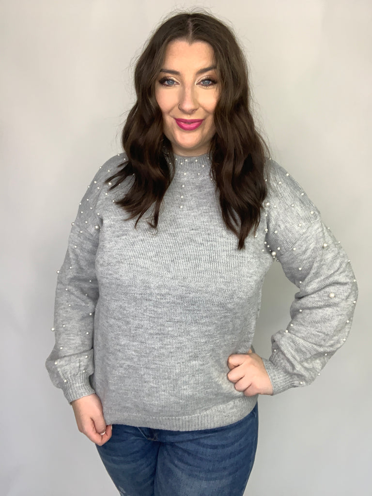 Pearl Dropped Shoulder Ribbed Trim Sweater-140 Sweaters-Timber Brooke Boutique, Online Women's Fashion Boutique in Amarillo, Texas