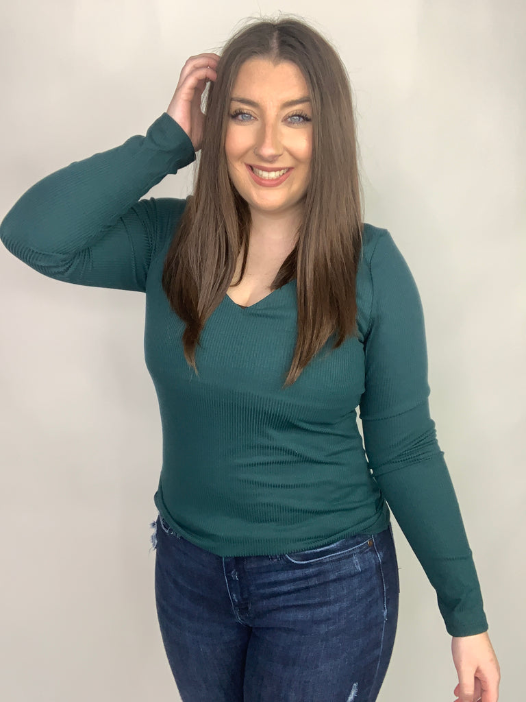 My Own Way V Neck Ribbed Top In Pine-120 Long Sleeve Tops-Timber Brooke Boutique, Online Women's Fashion Boutique in Amarillo, Texas
