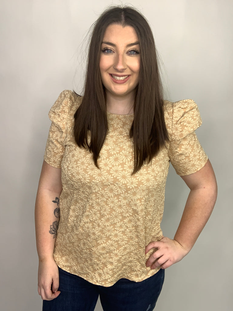 Kelsi Jacquard Puff Sleeve Top In Tan-110 Short Sleeve Tops-Timber Brooke Boutique, Online Women's Fashion Boutique in Amarillo, Texas