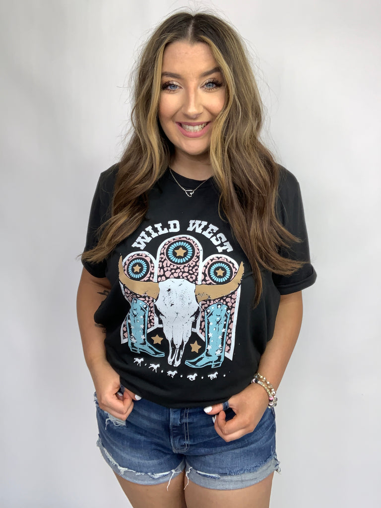 Black Cotton Wild West Graphic Knit Tee-Graphic Tees-Timber Brooke Boutique, Online Women's Fashion Boutique in Amarillo, Texas