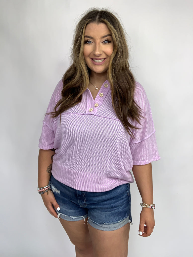 Lilac Two Tone Knit Button Down Outseam Top-Short Sleeve Top-Timber Brooke Boutique, Online Women's Fashion Boutique in Amarillo, Texas