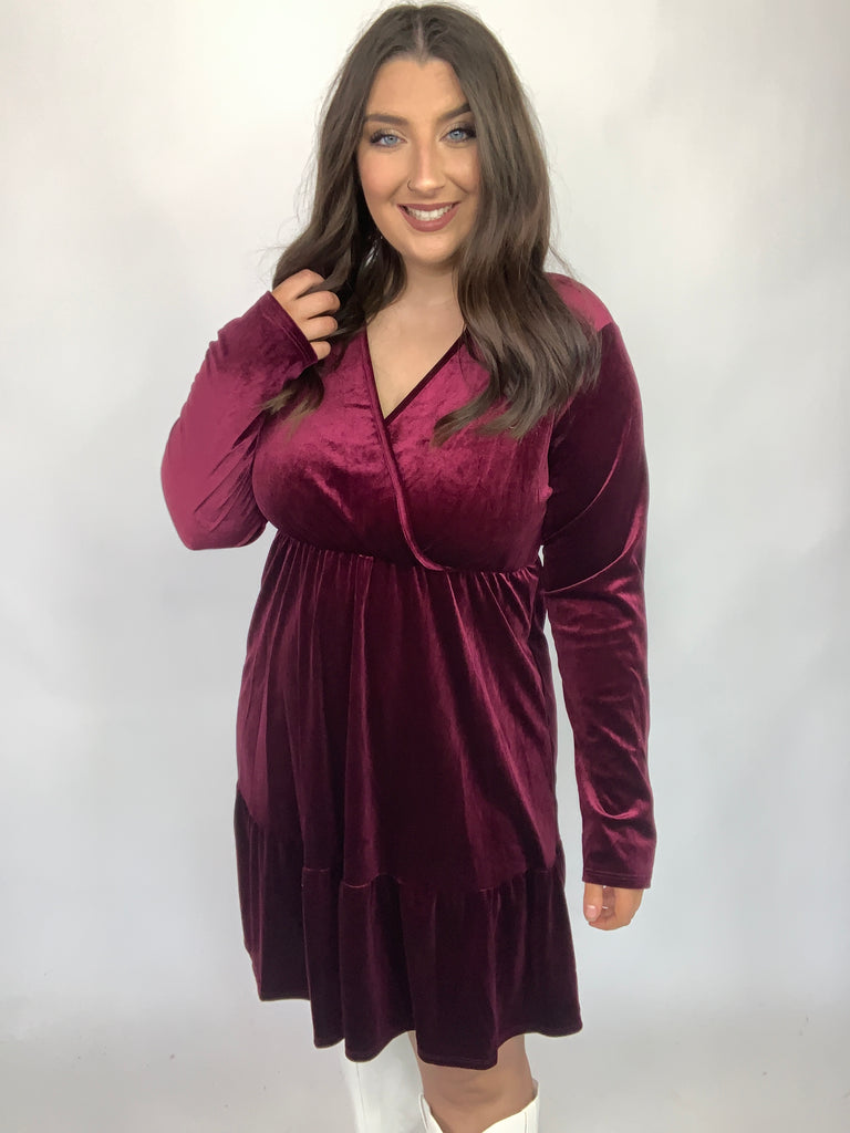 Jentsyn Velvet V-Neck Dress in Wine-170 Dresses-Timber Brooke Boutique, Online Women's Fashion Boutique in Amarillo, Texas