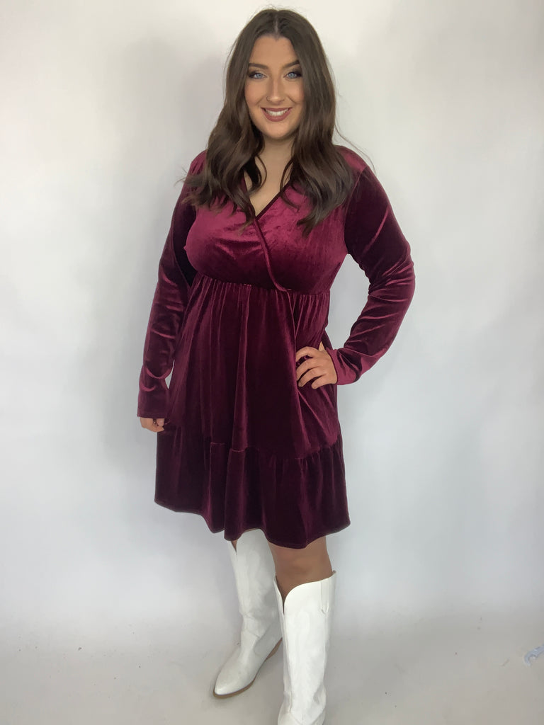 Jentsyn Velvet V-Neck Dress in Wine-170 Dresses-Timber Brooke Boutique, Online Women's Fashion Boutique in Amarillo, Texas