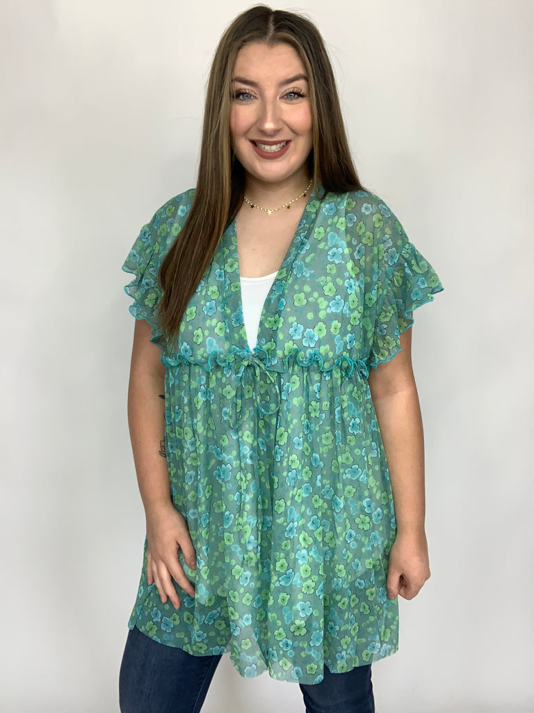 Jade & Light Blue Floral Sheer Tie Top-Short Sleeve Top-Timber Brooke Boutique, Online Women's Fashion Boutique in Amarillo, Texas