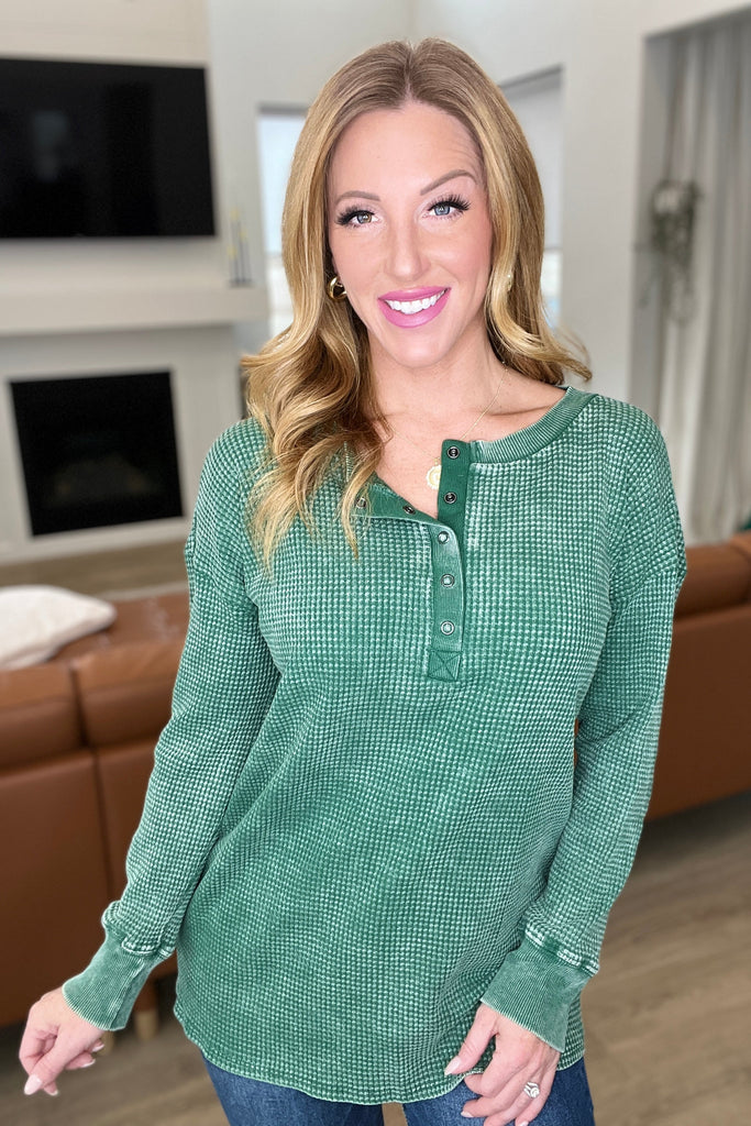 Mineral Wash Baby Waffle Henley in Dark Green-Womens-Timber Brooke Boutique, Online Women's Fashion Boutique in Amarillo, Texas
