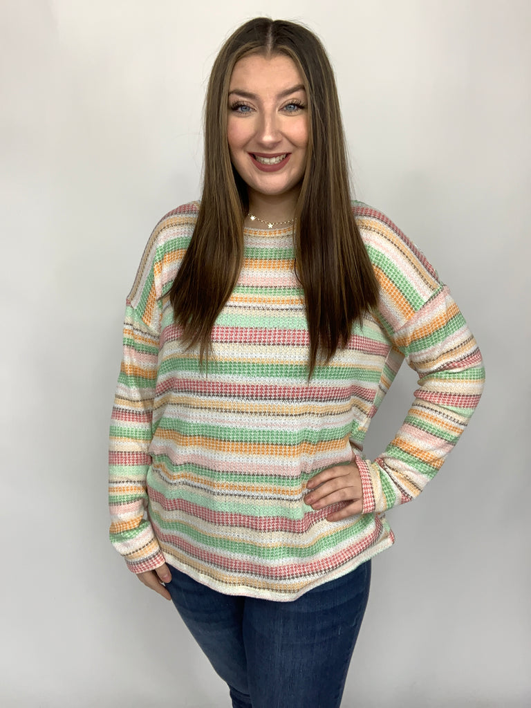 Green Apple & Tangerine Textured Vintage Stripe Top-Long Sleeve Tops-Timber Brooke Boutique, Online Women's Fashion Boutique in Amarillo, Texas