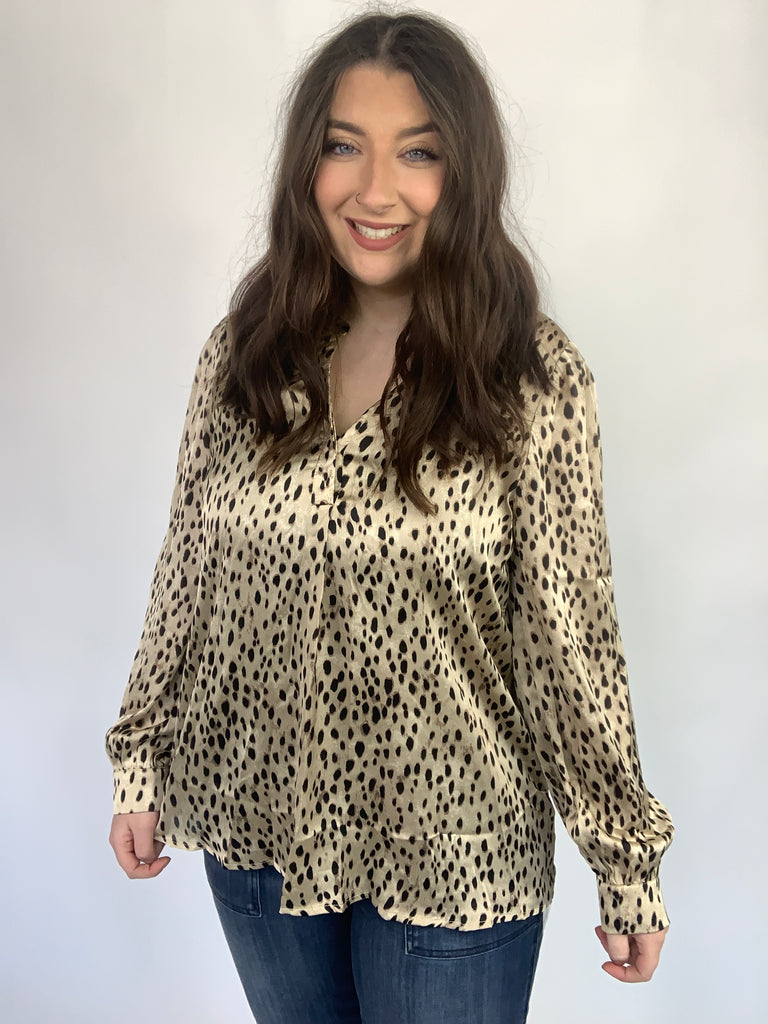 Countless Memories Split Neckline Dot Print Top-120 Long Sleeve Tops-Timber Brooke Boutique, Online Women's Fashion Boutique in Amarillo, Texas