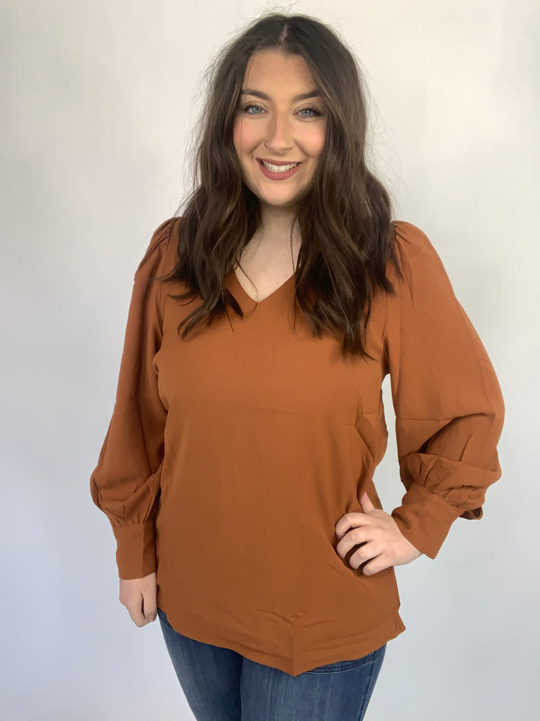 Enjoy This Moment V Neck Blouse In Toffee-120 Long Sleeve Tops-Timber Brooke Boutique, Online Women's Fashion Boutique in Amarillo, Texas