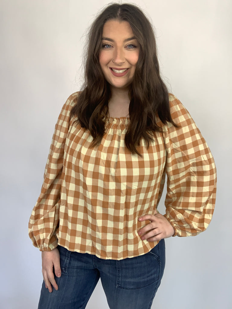 One Fine Afternoon Gingham Plaid Top In Caramel-120 Long Sleeve Tops-Timber Brooke Boutique, Online Women's Fashion Boutique in Amarillo, Texas