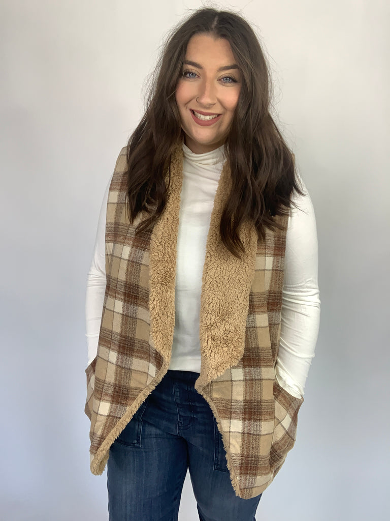 Snug And Stylish Plaid Fur Lined Wide Collar Vest-150 Cardigans and Wraps-Timber Brooke Boutique, Online Women's Fashion Boutique in Amarillo, Texas