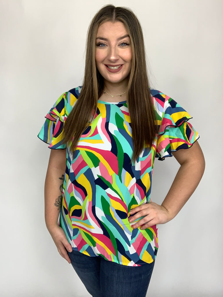 Geo Multicolor Print Flutter Sleeve Woven Top-Short Sleeve Top-Timber Brooke Boutique, Online Women's Fashion Boutique in Amarillo, Texas