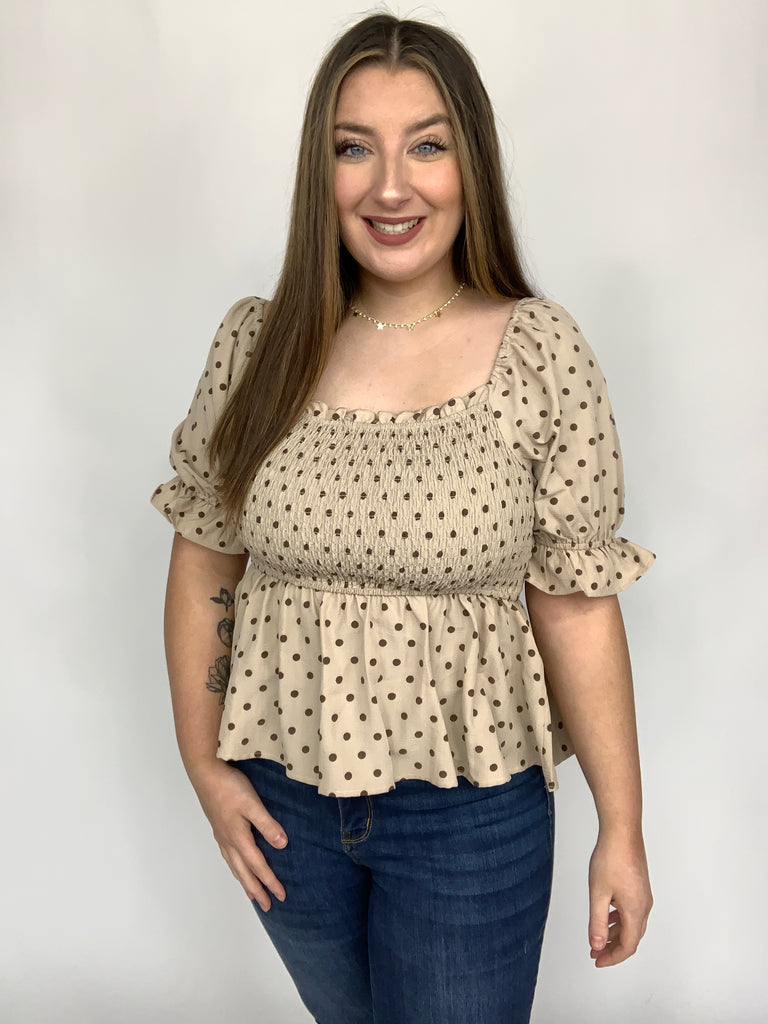 White Birch Spot On Full Size Polka Dot Top-Short Sleeve Top-Timber Brooke Boutique, Online Women's Fashion Boutique in Amarillo, Texas